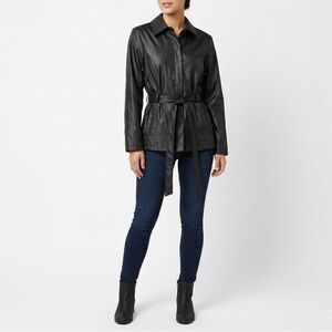 Outbrook Women’s Black Faux Leather Jacket Belted Waist Size M 8/10 PVC Coat